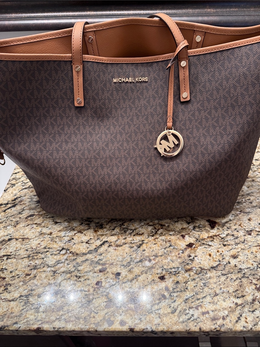 Michael Kors Brown Logo Tote with Tan Trim and Gold Charm